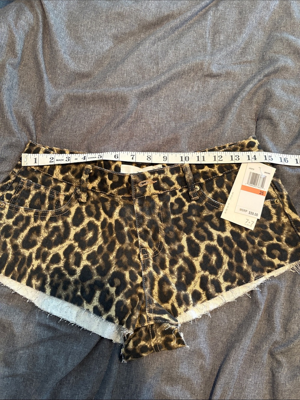 Leopard Print Denim Cutoff Shorts - Women's Animal Print 26 - Picture 3 of 6